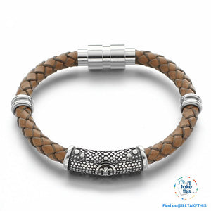 Braided Leather Bracelet with Stainless Steel Iris Flower/Fleur De Lis, 2 x Charms + Magnetic Clasp