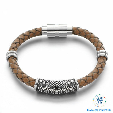 Image of Braided Leather Bracelet with Stainless Steel Iris Flower/Fleur De Lis, 2 x Charms + Magnetic Clasp - I'LL TAKE THIS