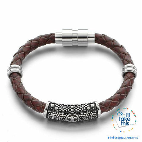Image of Braided Leather Bracelet with Stainless Steel Iris Flower/Fleur De Lis, 2 x Charms + Magnetic Clasp - I'LL TAKE THIS