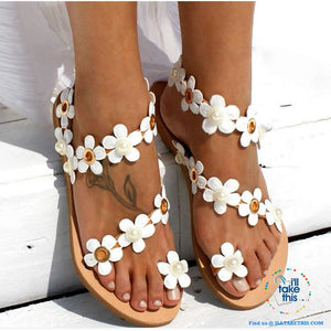 Ladies Bohemian Beach Sandals with 🌼 Crisp White Flowers
