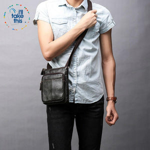 Man Bag in Cowhide Leather - Cross-body/Shoulder Strap, 2 Zipper + 1 Open pocket - 2 Colors