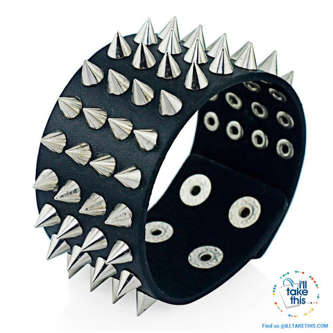 Image of Unisex Studded Punk Wristbands, one color, on style Black with 4 rows of chrome studs - I'LL TAKE THIS