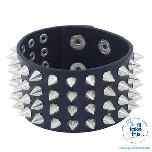 Unisex Studded Punk Wristbands, one color, on style Black with 4 rows of chrome studs