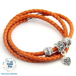 24' Inch Real Leather Wraparound Bracelet with Silver Charm magnetic clasp in 5 Color Choices