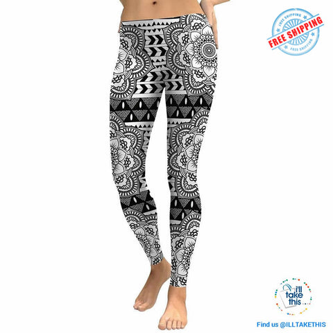 Image of Mandala/Lotus Flower Grey-scale Digital Print Streetwear Woman's Leggings - Small to XLarge - I'LL TAKE THIS