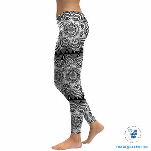 Mandala/Lotus Flower Grey-scale Digital Print Streetwear Woman's Leggings - Small to XLarge
