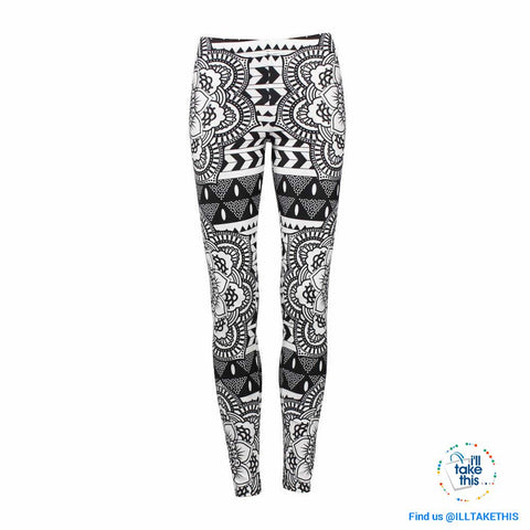 Image of Mandala/Lotus Flower Grey-scale Digital Print Streetwear Woman's Leggings - Small to XLarge - I'LL TAKE THIS