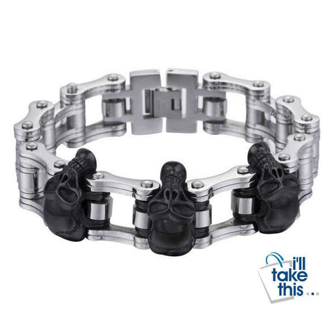 Image of Men's Biker Style Skull and Link Chain Bracelet in 316L Stainless Steel - I'LL TAKE THIS