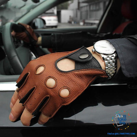 Image of Men's Drivers Gloves Genuine Leather - Supersoft Deerskin Fingerless Gloves - 2 Colors - I'LL TAKE THIS