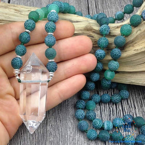 Natural Quartz Double point Crystal Pendant with Green Agate 8mm Beads - I'LL TAKE THIS