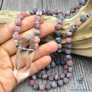 Natural Quartz Double point Crystal Pendant with Plum colored Agate 8mm Beads