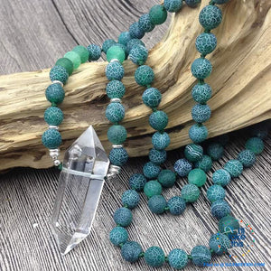 Natural Quartz Double point Crystal Pendant with Green Agate 8mm Beads
