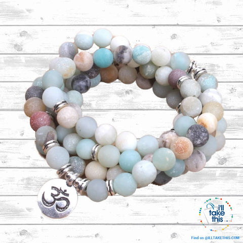 Image of Natural stone handmade Necklace/Wrap bracelet matte frosted amazonite beads with Lotus, OM Charms - I'LL TAKE THIS