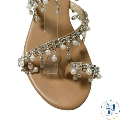 Image of Bohemian Beach Sandals, a majestic array of Pearls & Sparkling crystals Handmade Sandals Flip-flop - I'LL TAKE THIS