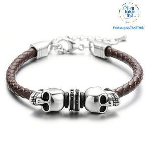 Men's Leather braided twin Skulls Bracelet 316l Stainless Steel Clasp with Adjustable Chain