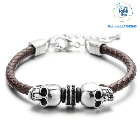 Image of Men's Leather braided twin Skulls Bracelet 316l Stainless Steel Clasp with Adjustable Chain - I'LL TAKE THIS