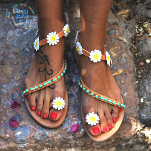 Greek Vegan Leather Slip-on Sandals with Daisy Textile Flowers, Chic and Minimal Bohemian Sandals