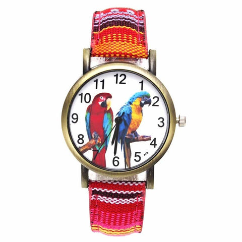 Image of Colorful 2 Parrot Parakeet Pet Bird Animal Watches for Women with Fashion Stripes Denim Wristband - I'LL TAKE THIS