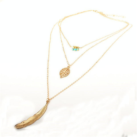 Image of Simple turquoise Necklaces Leaf Long Pendant Necklaces 3 Layer Chain Necklace multilayer Necklaces - I'LL TAKE THIS