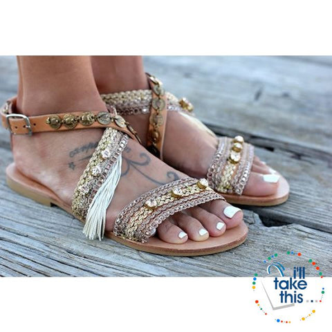 Image of Gorgeous Bohemian Beach Sandals - Flip Flops Handmade Vegan Leather Straps wrapped in Gold/Pink Trim - I'LL TAKE THIS
