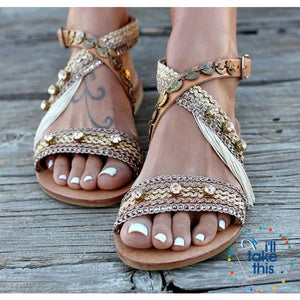 Gorgeous Bohemian Beach Sandals - Flip Flops Handmade Vegan Leather Straps wrapped in Gold/Pink Trim - I'LL TAKE THIS