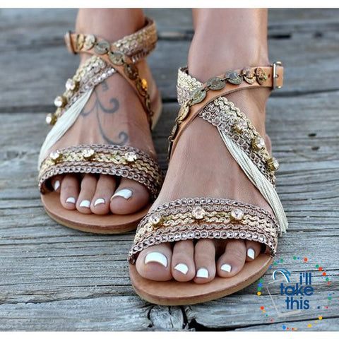 Image of Gorgeous Bohemian Beach Sandals - Flip Flops Handmade Vegan Leather Straps wrapped in Gold/Pink Trim - I'LL TAKE THIS