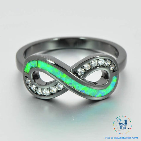 Image of 💍 Infinity Green Fire Opal Ring Accented with Crystal studs Black Gold Filled Women's Rings - I'LL TAKE THIS